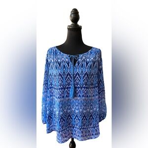 St. John’s Bay: Blue and White Bohemian Blouse with Tassels
